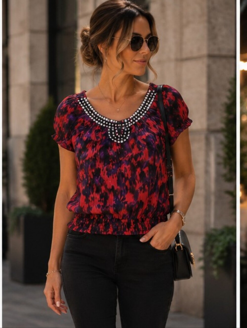 Bebe Red/Black ELASTIC WAIST Top 🤎